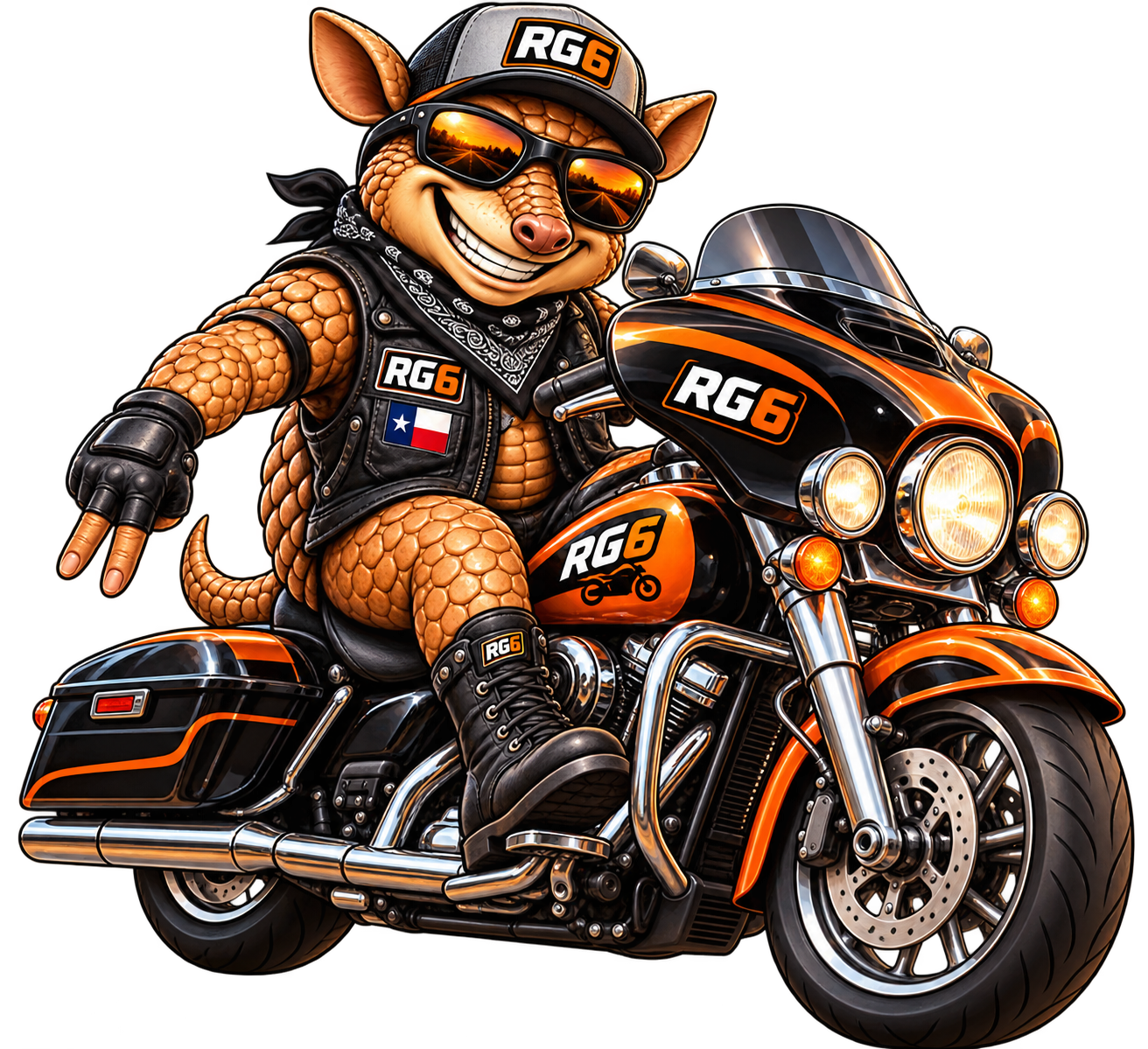 Sixer the RG6 armadillo riding a motorcycle and giving the two-down greeting